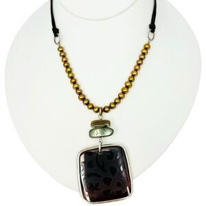 Silpada 925 Sterling Silver Gold Pearl Abalone Pendant Necklace 18" Leather